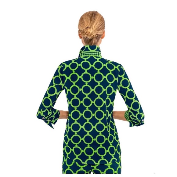 Gretchen Scott Designs Lime and Navy Patterned Blouse Sz M - Picture 2 of 10